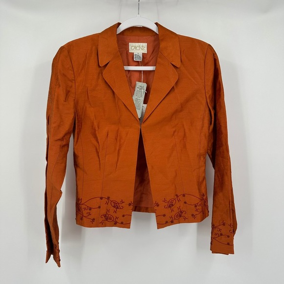 Cache Jackets & Blazers - Cache Womens Boho Cropped Jacket Size 4 Burnt Orange Linen Blend Embroidered